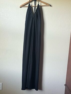 American Eagle Black Ribbed V-Neck Halter Maxi Dress